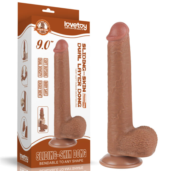 Lovetoy - 9 Inch Sliding Skin Dual Layer Dildo Brown